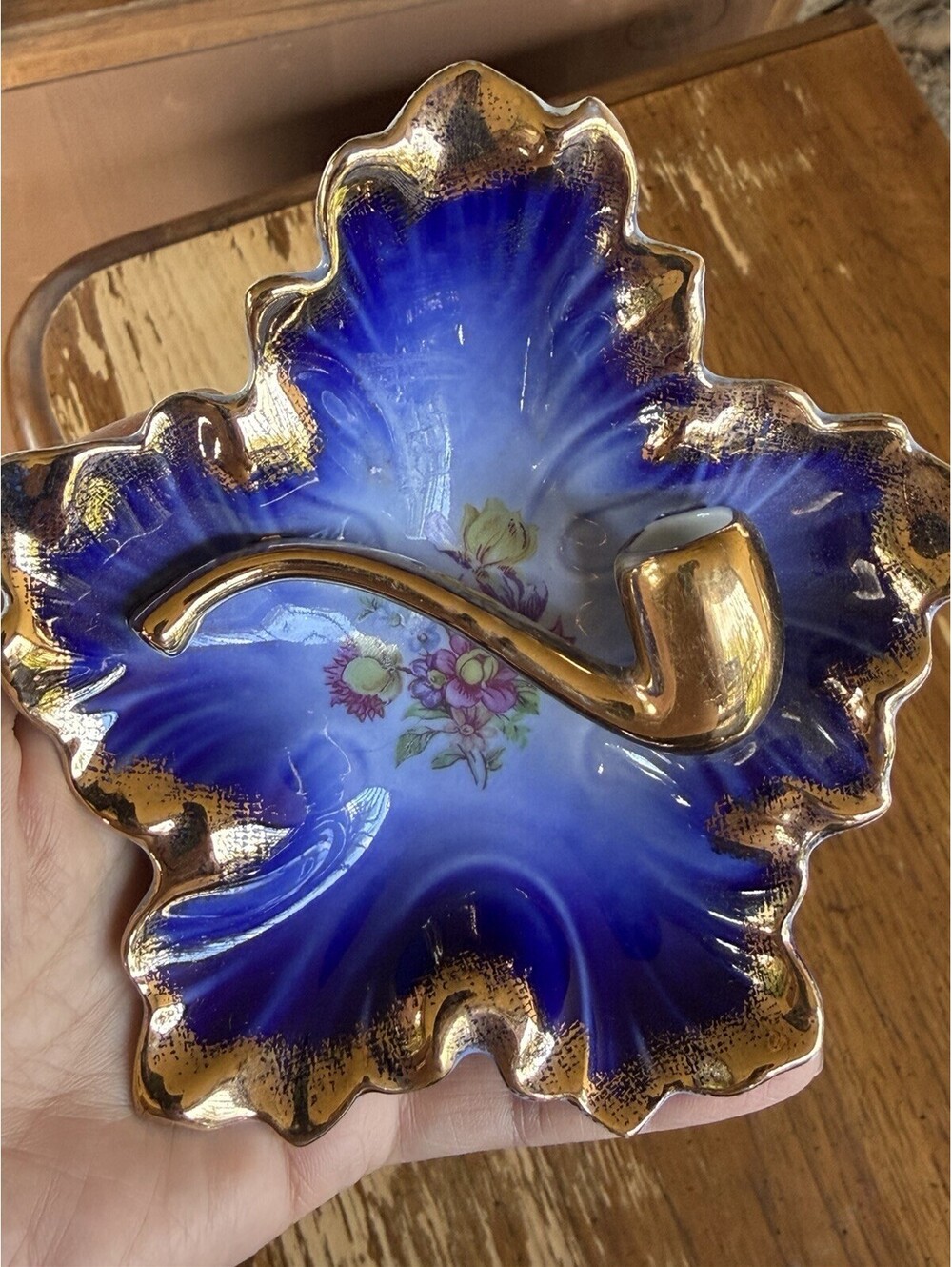 Antique German Cobalt Blue Porcelain Pipe Ashtray Maple Leaf Tobacco Smoking